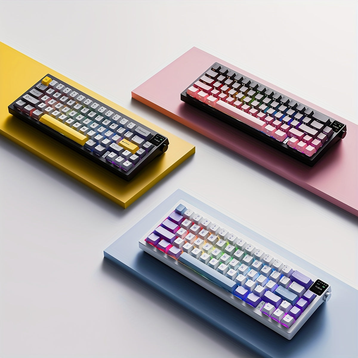 AK650 Wireless Mechanical Keyboard with Screen, Knobs, RGB Lighting, Music Rhythm Sync, 65pcs Layout, 5000mAh Battery, Dual-System Switching, Adjustable Stand, Wireless & Type-C Charging