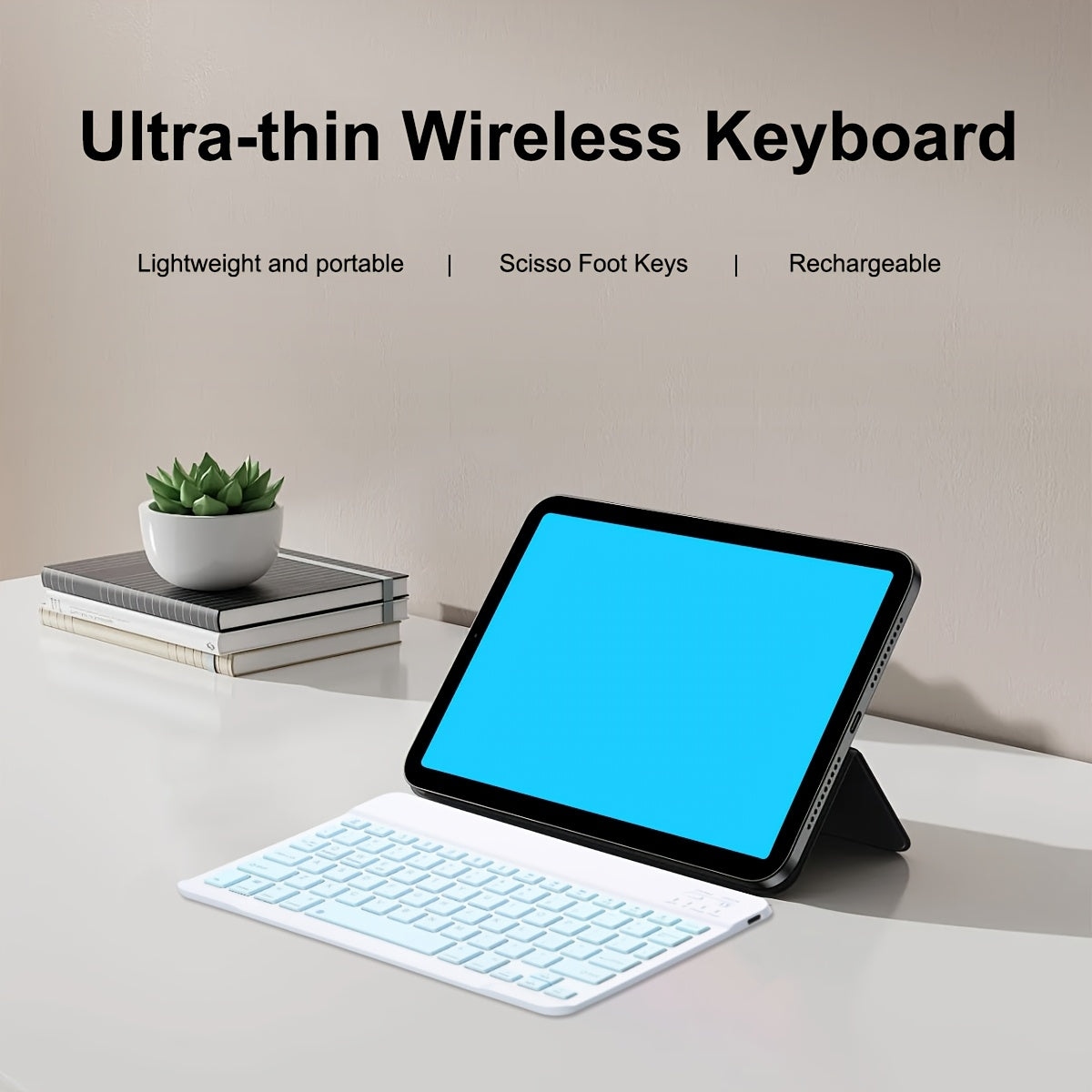 Wireless Keyboard, Ultra-Thin Wireless Keyboard, Suitable for Tablets, Laptops, Phones, 10-inch Rechargeable Wireless Keyboard, Suitable for Android, Windows, Blue