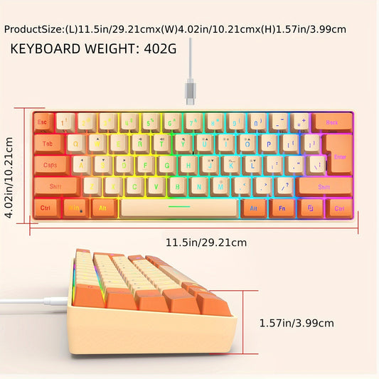 Snpurdiri 60% Wired Gaming Keyboard, RGB Backlit Ultra-Compact Mini Keyboard, Small Compact 61-Key Keyboard For PC\u002FMac Gamers, Typists, Travel For Wired Use Only (Orange And Cream)