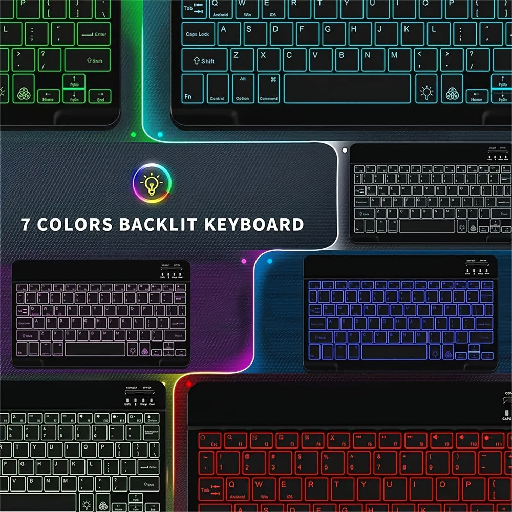 10-Inch Mini Wireless Keyboard with 7-Color Backlight, Ultra-Thin And Rechargeable, Supports Android iOS Windows Systems for Laptop Tablet Phone iPad