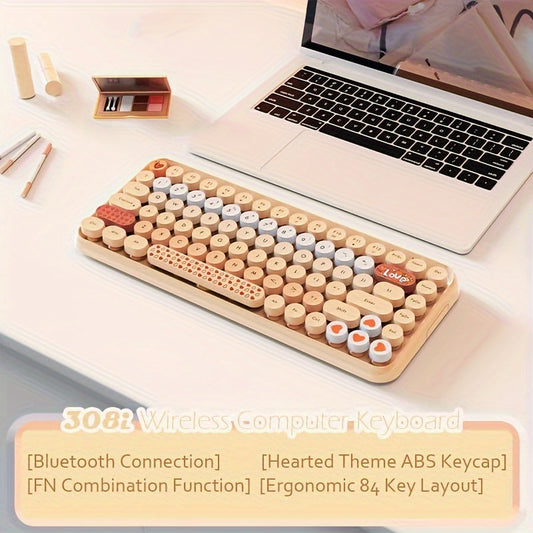 Wireless BT Computer Typewriter Keyboard Portable Cute Color Abs Retro Round Keycaps Ergonomic 84 Key Layout FN Feature for PC Win Mac Typist Tablet Android Phone