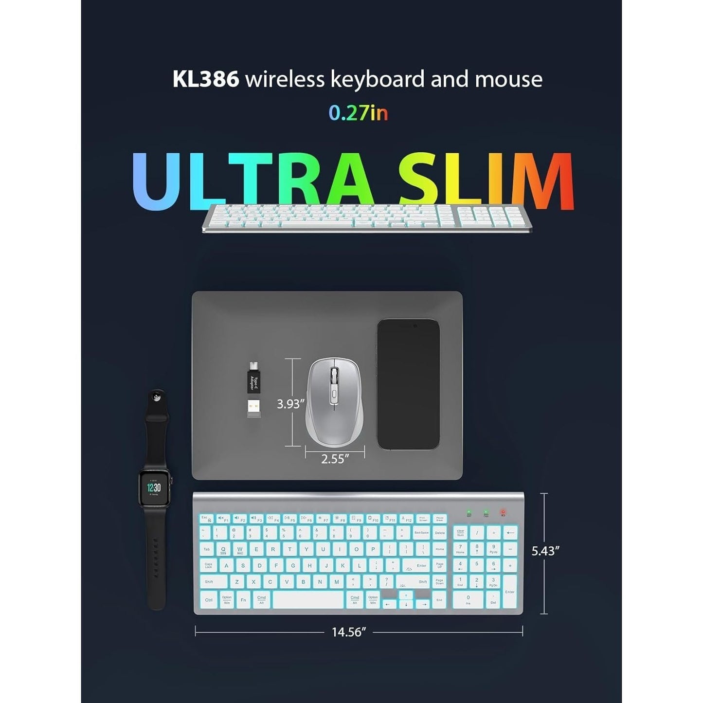 Wireless Backlit Keyboard and RGB Mouse Set – Slim, Quiet, Rechargeable Cordless Combo with Sleep Mode for Mac, Windows, Laptop, and PC (Silver White)