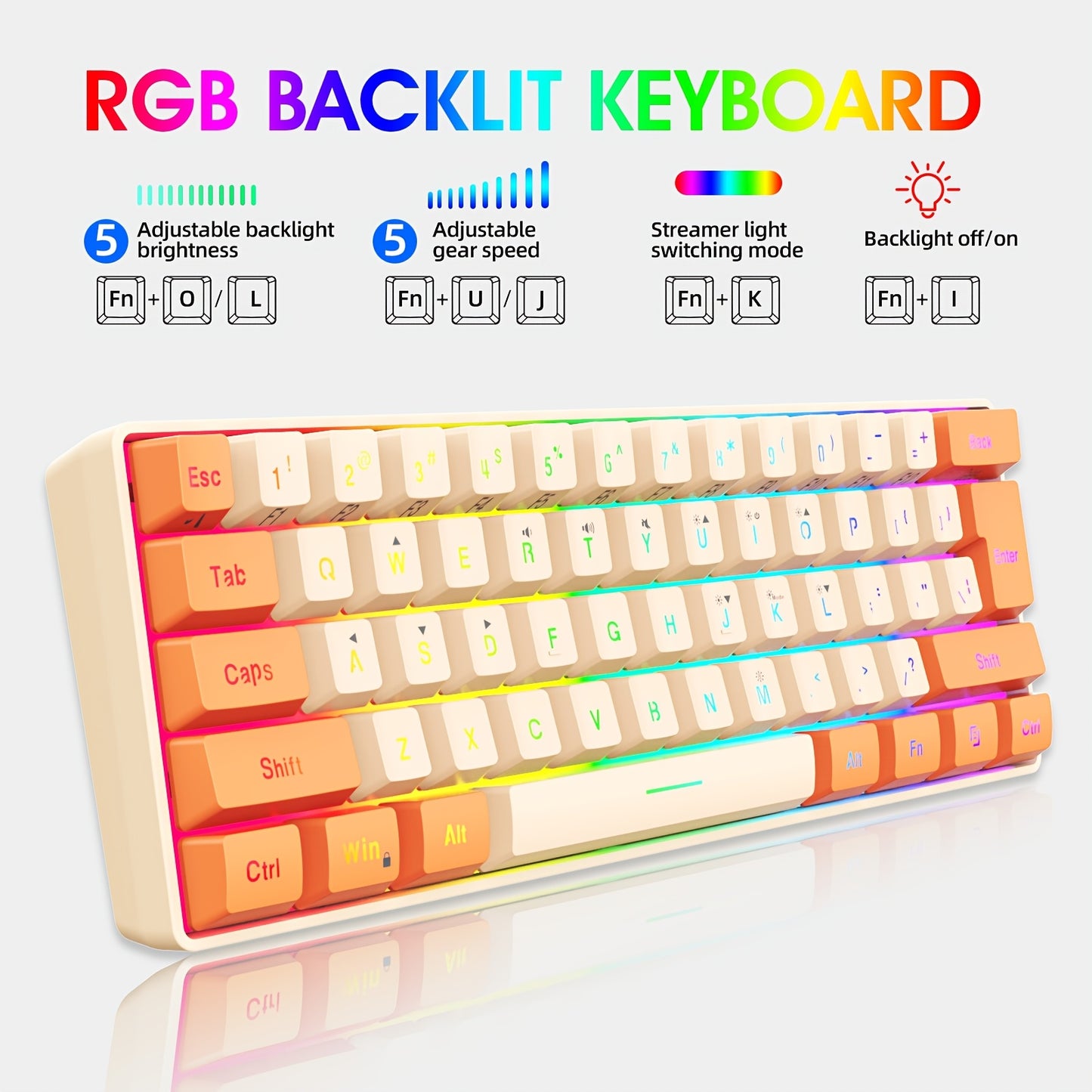 Snpurdiri 60% Wired Gaming Keyboard, RGB Backlit Ultra-Compact Mini Keyboard, Small Compact 61-Key Keyboard For PC\u002FMac Gamers, Typists, Travel For Wired Use Only (Orange And Cream)