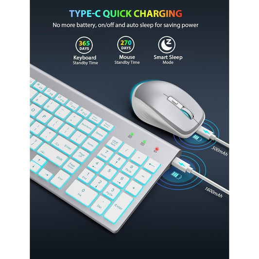 Wireless Backlit Keyboard and RGB Mouse Set – Slim, Quiet, Rechargeable Cordless Combo with Sleep Mode for Mac, Windows, Laptop, and PC (Silver White)