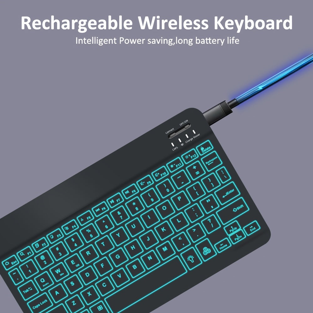 10-Inch Mini Wireless Keyboard with 7-Color Backlight, Ultra-Thin And Rechargeable, Supports Android iOS Windows Systems for Laptop Tablet Phone iPad