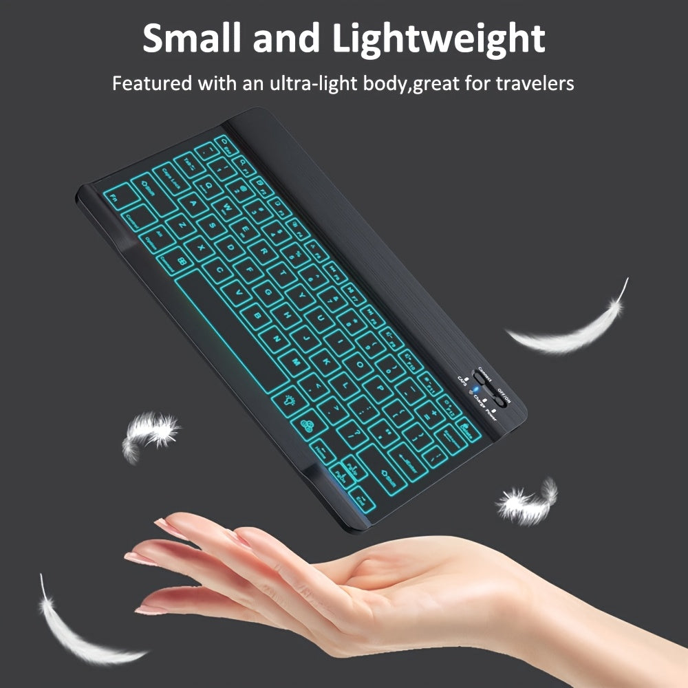 10-Inch Mini Wireless Keyboard with 7-Color Backlight, Ultra-Thin And Rechargeable, Supports Android iOS Windows Systems for Laptop Tablet Phone iPad