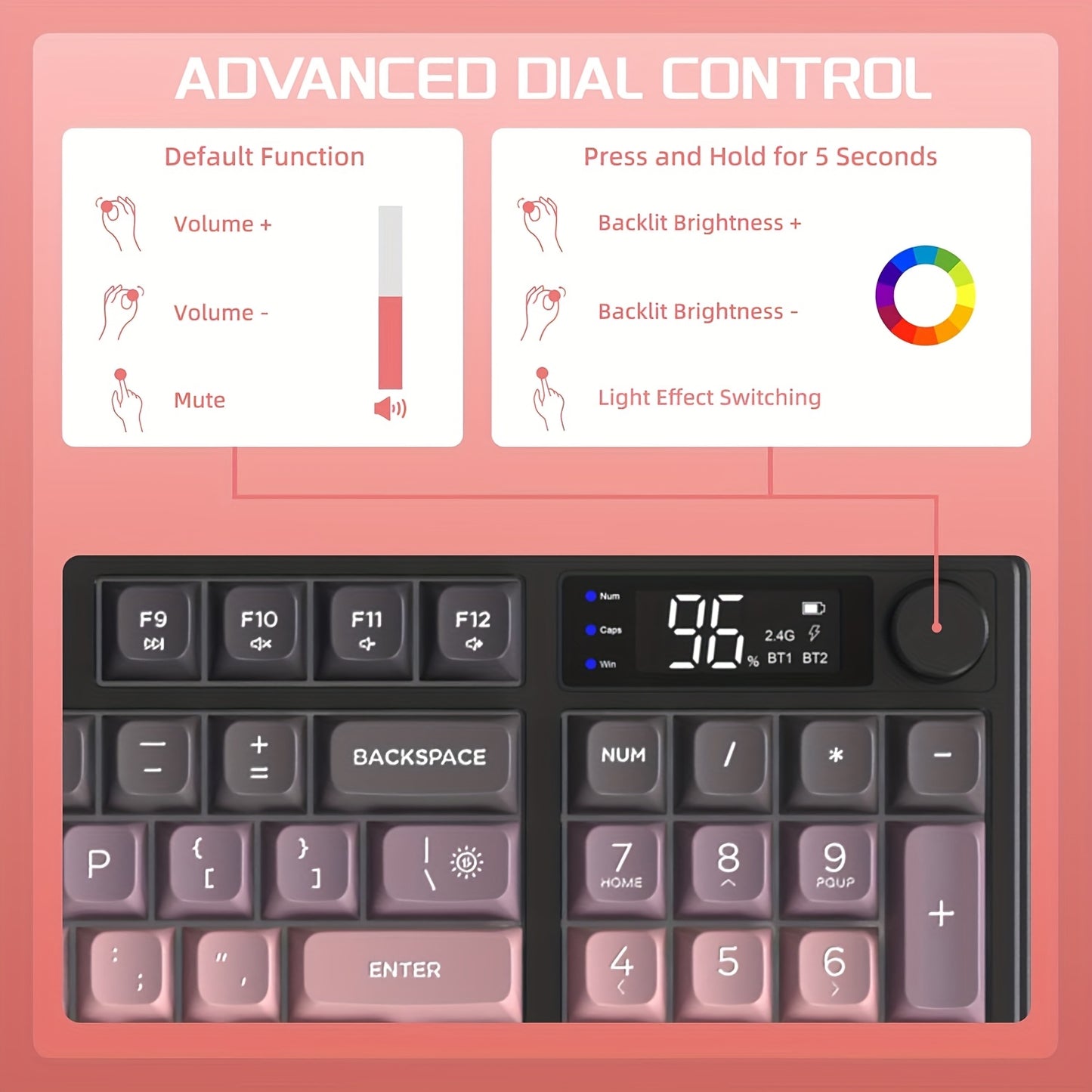 Wireless Gaming Membrane Keyboard, Knob Control BT\u002F2.4G Wireless
