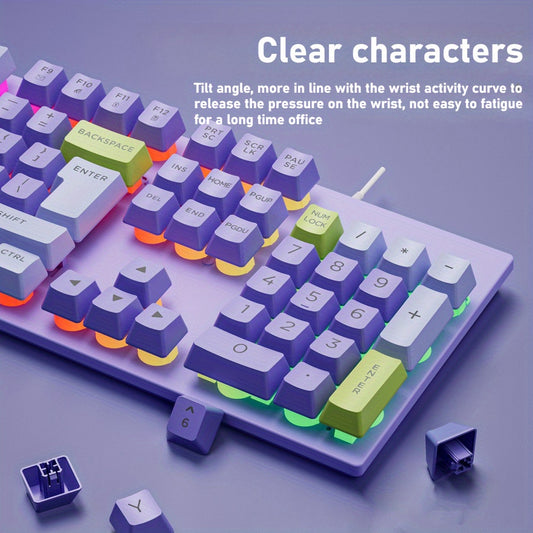 Ergonomic RGB Keyboard Ergonomic Color Block Wired RGB Keyboard | USB Plug and Play, Purple Backlit, One Hand Support, UV Two Color Printing, Spill Resistant, Comfortable and Stylish for Laptop\u002FDesktop\u002FWindows Systems