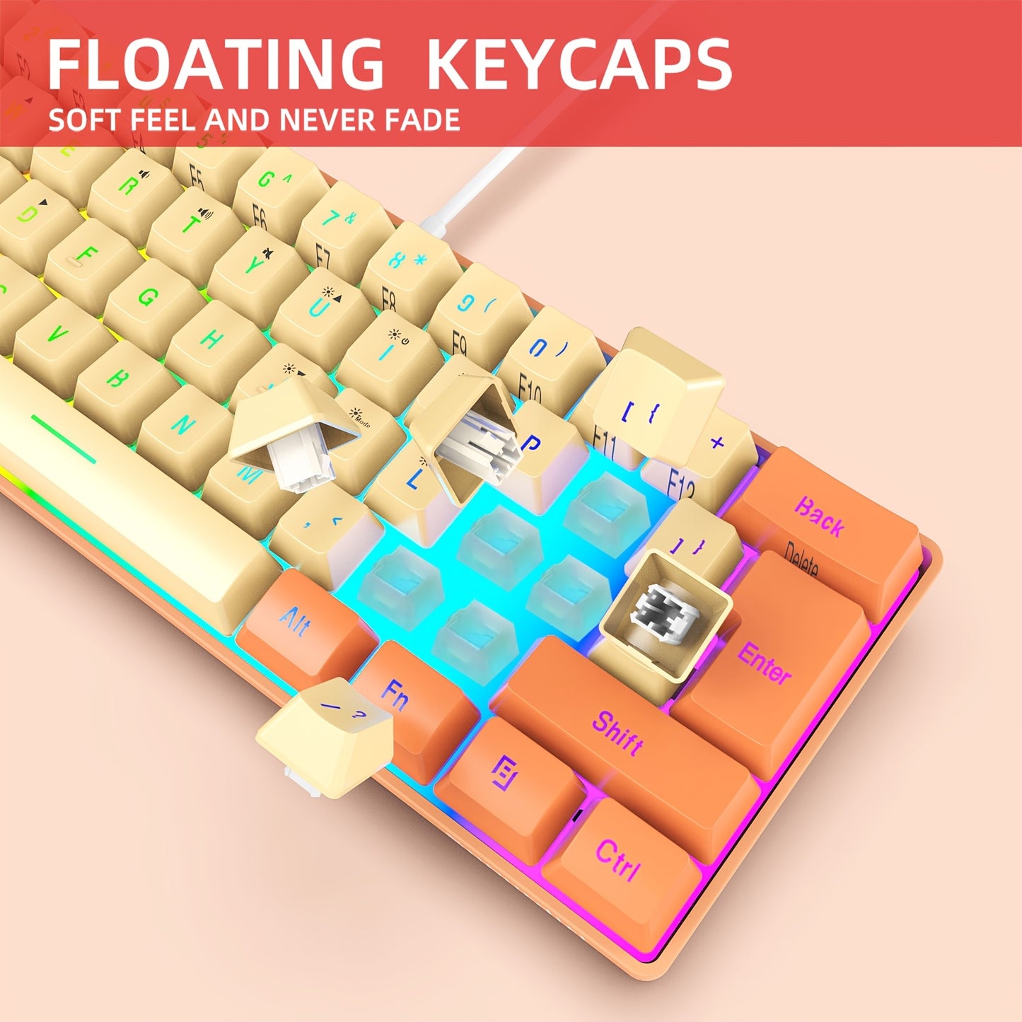 Snpurdiri 60% Wired Gaming Keyboard, RGB Backlit Ultra-Compact Mini Keyboard, Small Compact 61-Key Keyboard For PC\u002FMac Gamers, Typists, Travel For Wired Use Only (Orange And Cream)