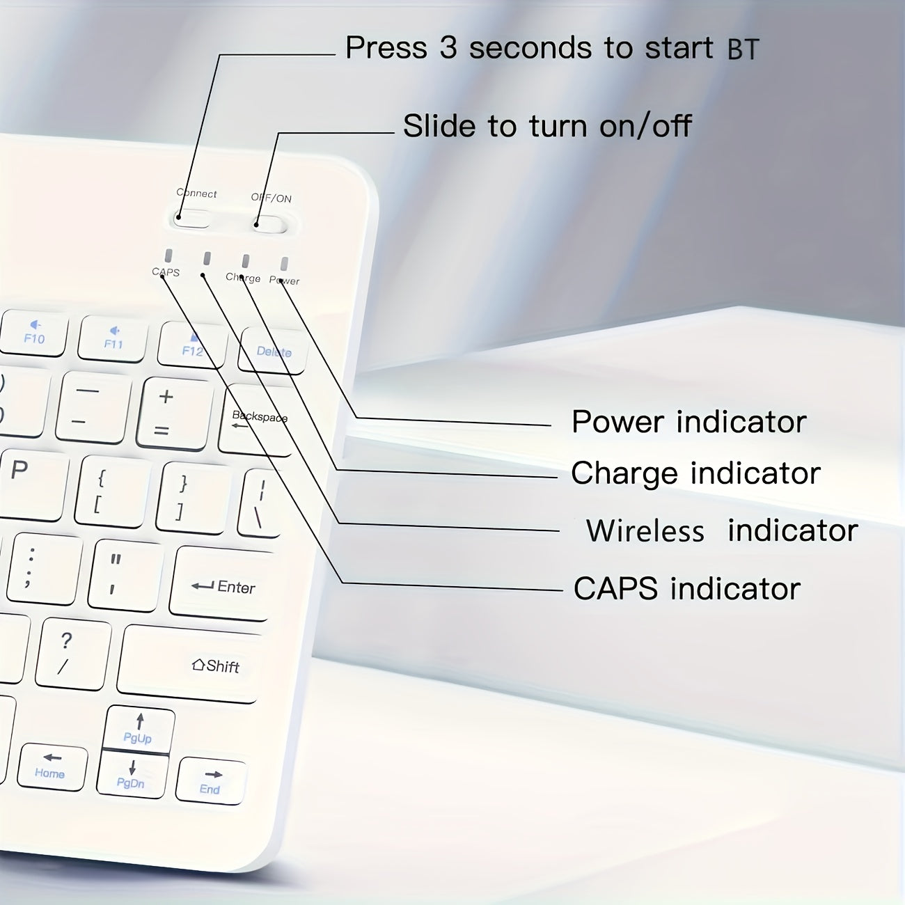 10-Inch Portable Wireless Keyboard, Ultra-Thin Rechargeable with USB-C Charging, Ambidextrous Design