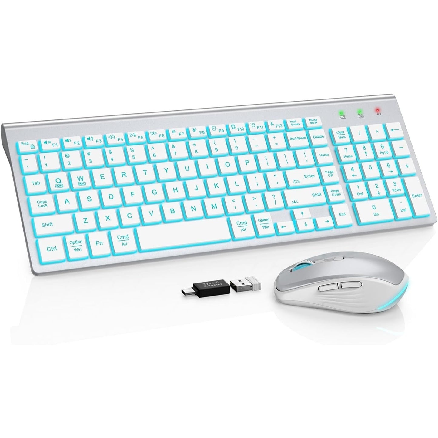Wireless Backlit Keyboard and RGB Mouse Set – Slim, Quiet, Rechargeable Cordless Combo with Sleep Mode for Mac, Windows, Laptop, and PC (Silver White)