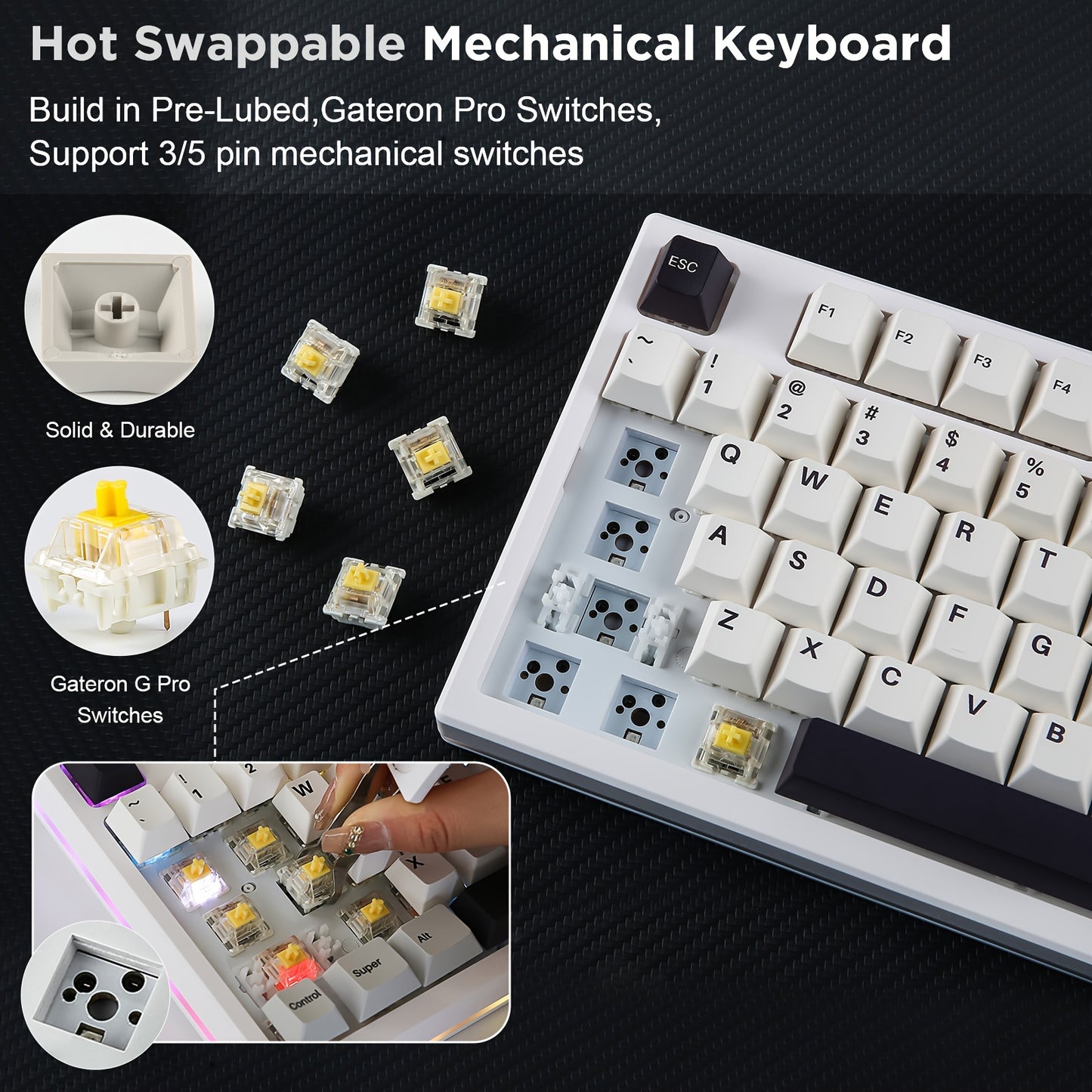 YUNZII YZ75 75% Hot Swappable Wireless Gaming Mechanical Keyboard  RGB Backlights  BT5.0\u002F2.4G\u002FUSB-C  Dye Sub PBT Keycaps  for Linux\u002FWin\u002FMac  Gateron G Pro Yellow, White