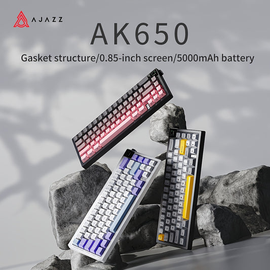 AK650 Wireless Mechanical Keyboard with Screen, Knobs, RGB Lighting, Music Rhythm Sync, 65pcs Layout, 5000mAh Battery, Dual-System Switching, Adjustable Stand, Wireless & Type-C Charging