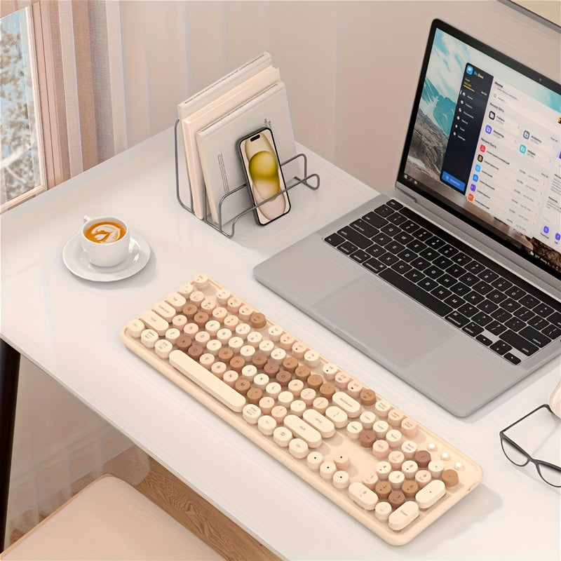 UBOTIE Retro Round Keycap Wireless Keyboard 104-key Full-size Color Mixing Design 2.4G\u002FUS Dual-mode Connection, Compatible with Computer Notebook Mac Desktop Office, 3 Colors Available, Office Study Gift