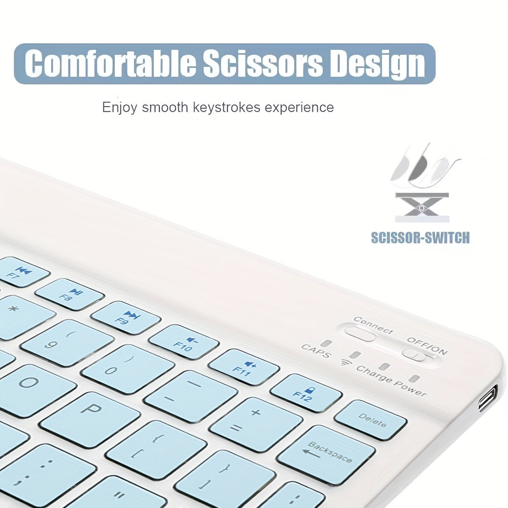 Wireless Keyboard, Ultra-Thin Wireless Keyboard, Suitable for Tablets, Laptops, Phones, 10-inch Rechargeable Wireless Keyboard, Suitable for Android, Windows, Blue