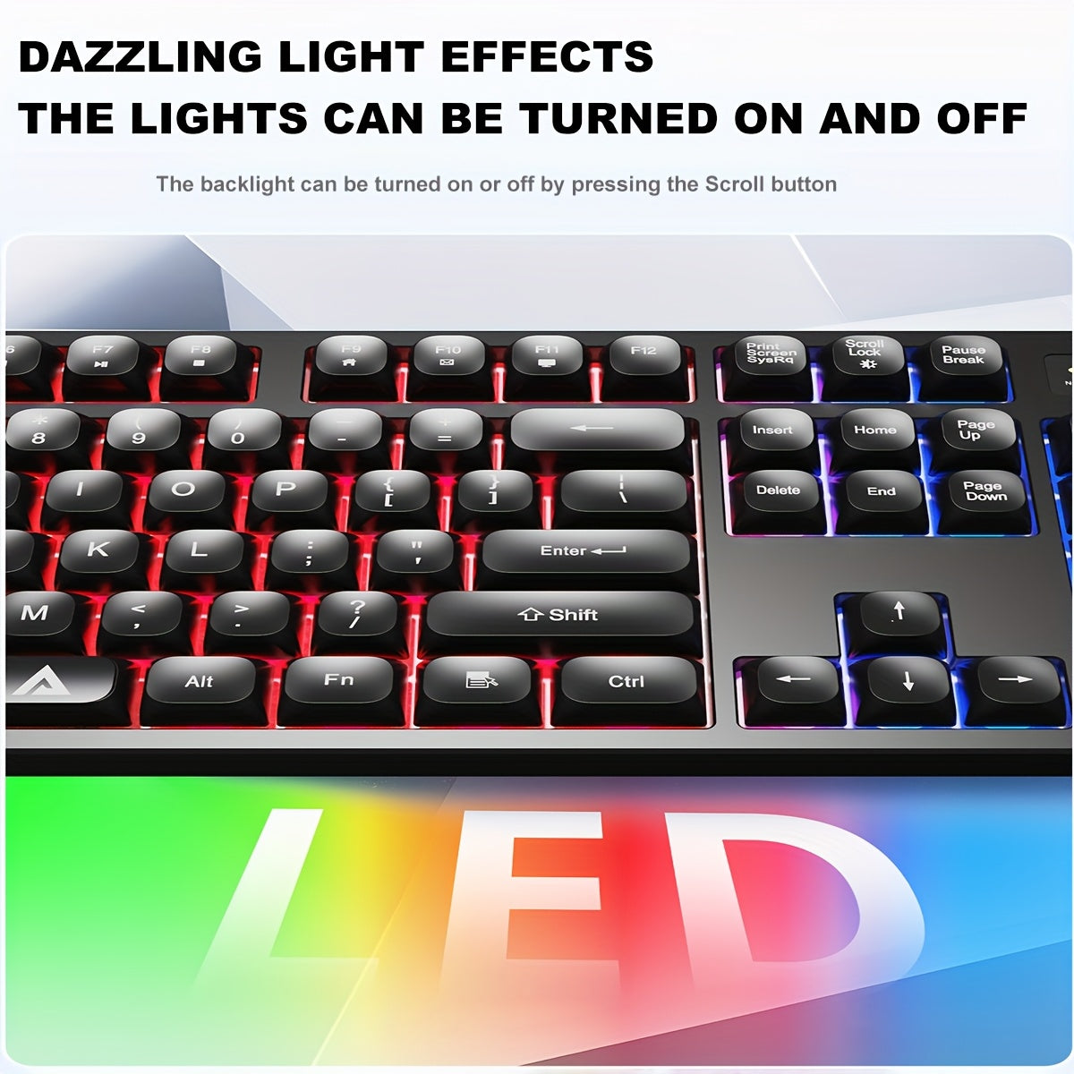 Gaming keyboard with cable USB plug and backlight, volume wheel - suitable for desktop computers, laptops and general office equipment.