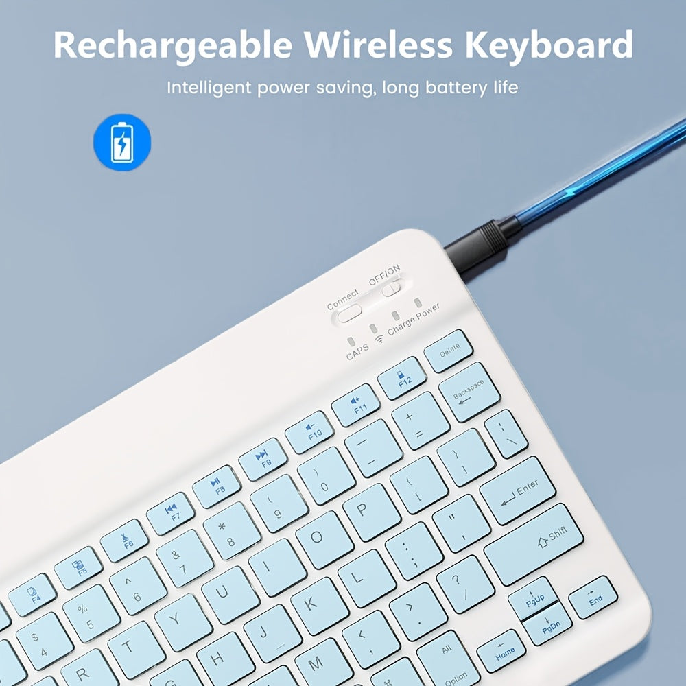 Wireless Keyboard, Ultra-Thin Wireless Keyboard, Suitable for Tablets, Laptops, Phones, 10-inch Rechargeable Wireless Keyboard, Suitable for Android, Windows, Blue