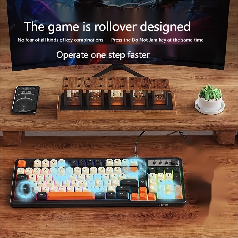 Wired Gaming Keyboard - Rainbow Backlight, Portable Black Keyboard, 98-Key Office Keyboard, Ergonomic Design with Multimedia Knob and Ball-shaped Keys, Suitable for Gamers and Office Use, Compatible with Windows and Laptop Accessories