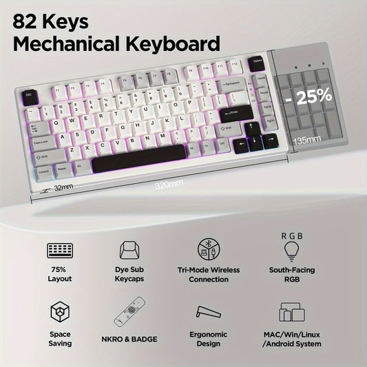 YUNZII YZ75 75% Hot Swappable Wireless Gaming Mechanical Keyboard  RGB Backlights  BT5.0\u002F2.4G\u002FUSB-C  Dye Sub PBT Keycaps  for Linux\u002FWin\u002FMac  Gateron G Pro Yellow, White