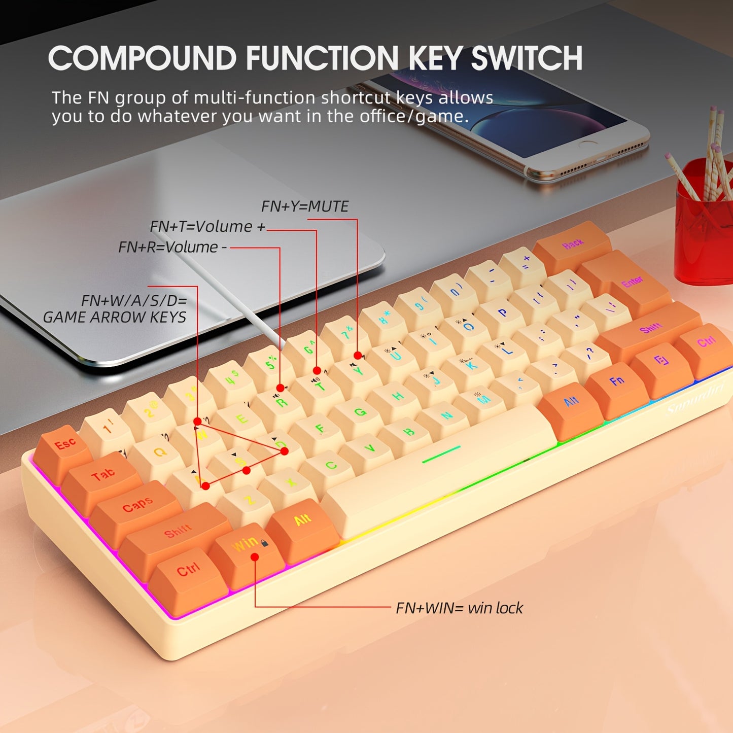 Snpurdiri 60% Wired Gaming Keyboard, RGB Backlit Ultra-Compact Mini Keyboard, Small Compact 61-Key Keyboard For PC\u002FMac Gamers, Typists, Travel For Wired Use Only (Orange And Cream)