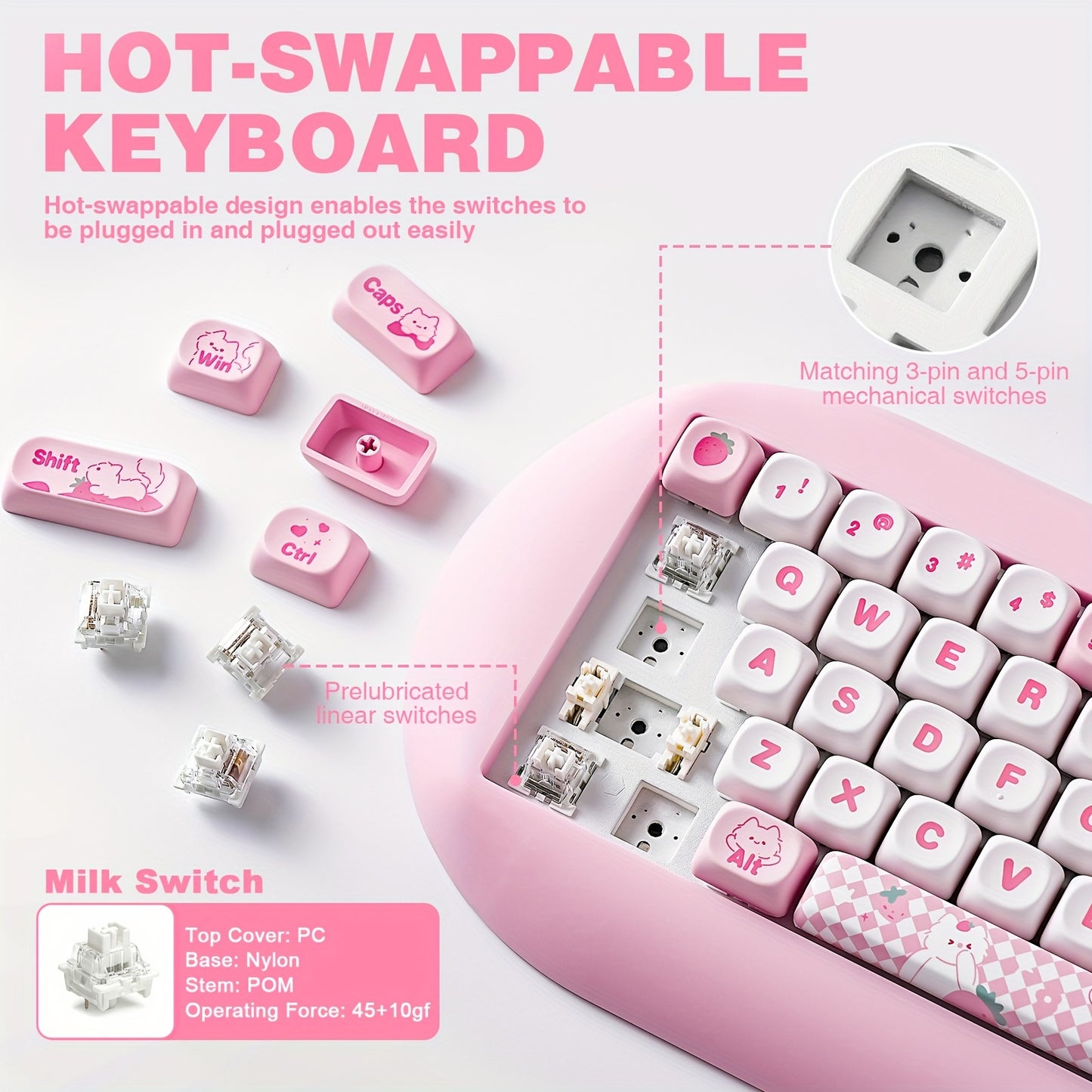 YUNZII C68 65% Wireless Mechanical Keyboard - Cute Cat Design, RGB Backlit