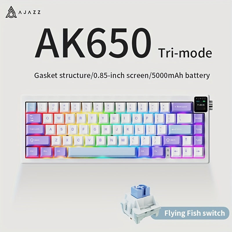 AK650 Wireless Mechanical Keyboard with Screen, Knobs, RGB Lighting, Music Rhythm Sync, 65pcs Layout, 5000mAh Battery, Dual-System Switching, Adjustable Stand, Wireless & Type-C Charging