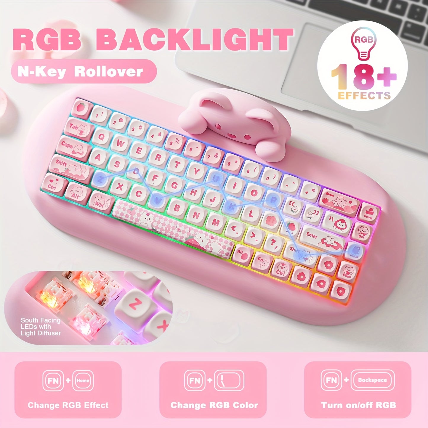 YUNZII C68 65% Wireless Mechanical Keyboard - Cute Cat Design, RGB Backlit
