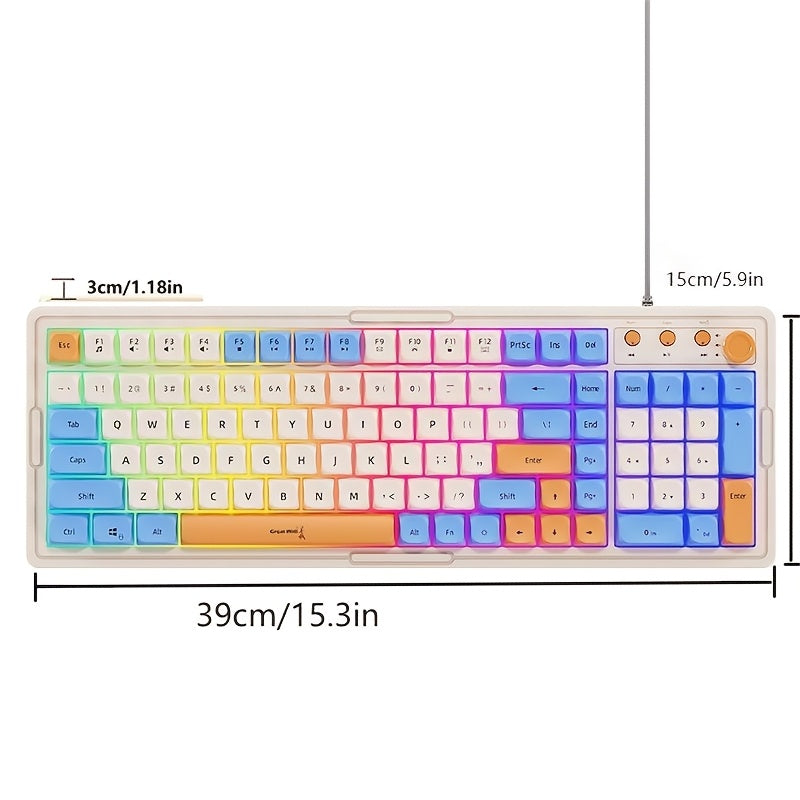 Wired Gaming Keyboard - Rainbow Backlight, Portable Black Keyboard, 98-Key Office Keyboard, Ergonomic Design with Multimedia Knob and Ball-shaped Keys, Suitable for Gamers and Office Use, Compatible with Windows and Laptop Accessories