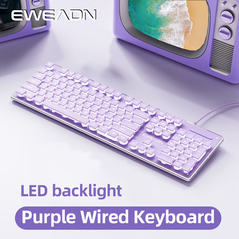 EWEADN V3 Gaming Wired Keyboard Mechanical Feel Led-Backlit, Purple Office Keyboard Silent Full Size