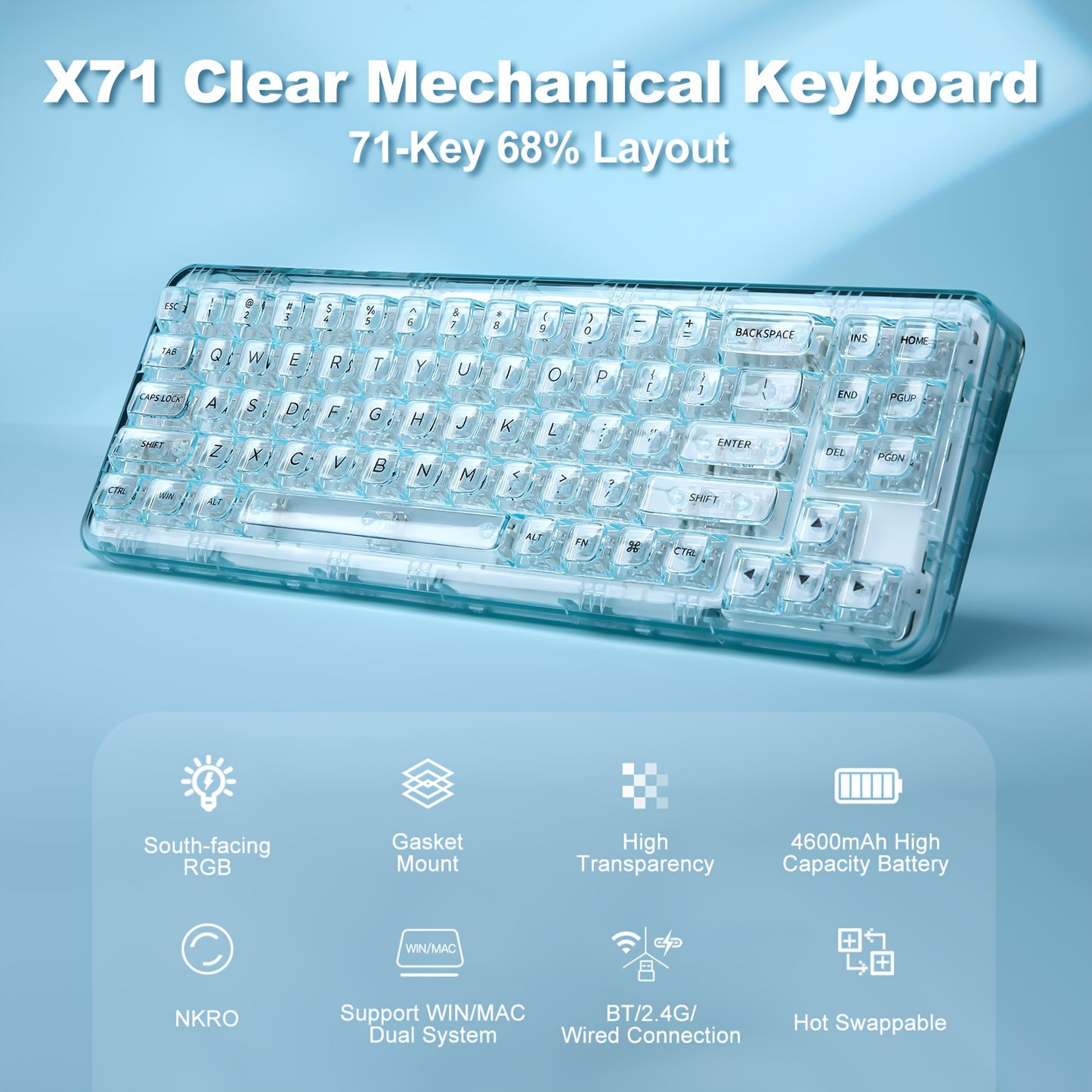 YUNZII X71 Cyan Mechanical Keyboard, 68% Layout 71 Keys, BT5.0\u002F2.4G\u002FUSB-C Wired, Wireless RGB, Ergonomic, Backlit, Hotkeys, Media Keys, Rechargeable Lithium Battery, Type-C Charging, Compatible with Win\u002FMac