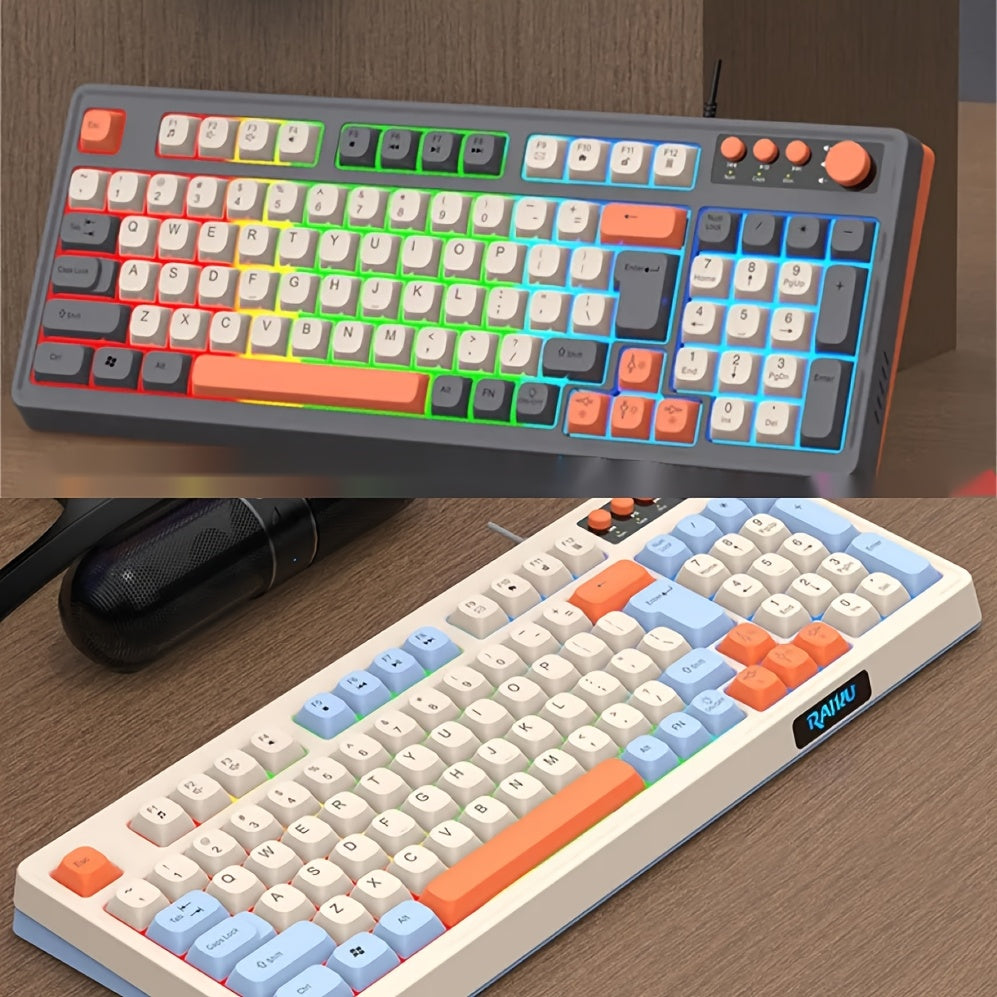 Wired Gaming Keyboard - Rainbow Backlight, Portable Black Keyboard, 98-Key Office Keyboard, Ergonomic Design with Multimedia Knob and Ball-shaped Keys, Suitable for Gamers and Office Use, Compatible with Windows and Laptop Accessories