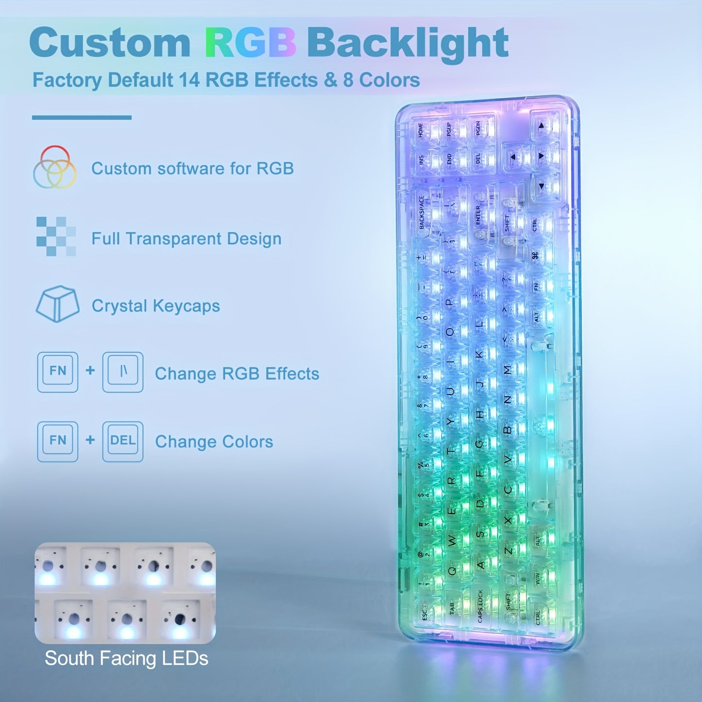 YUNZII X71 Cyan Mechanical Keyboard, 68% Layout 71 Keys, BT5.0\u002F2.4G\u002FUSB-C Wired, Wireless RGB, Ergonomic, Backlit, Hotkeys, Media Keys, Rechargeable Lithium Battery, Type-C Charging, Compatible with Win\u002FMac