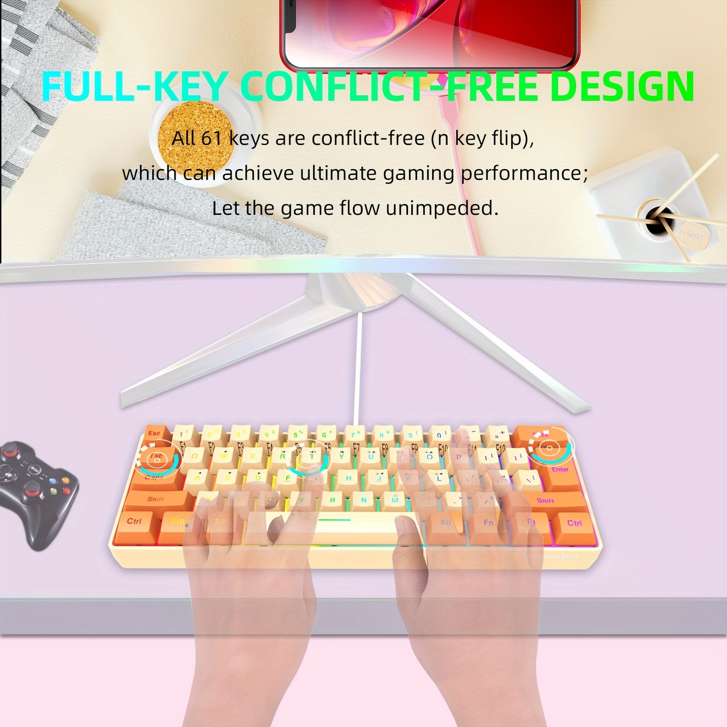 Snpurdiri 60% Wired Gaming Keyboard, RGB Backlit Ultra-Compact Mini Keyboard, Small Compact 61-Key Keyboard For PC\u002FMac Gamers, Typists, Travel For Wired Use Only (Orange And Cream)