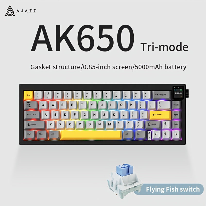 AK650 Wireless Mechanical Keyboard with Screen, Knobs, RGB Lighting, Music Rhythm Sync, 65pcs Layout, 5000mAh Battery, Dual-System Switching, Adjustable Stand, Wireless & Type-C Charging