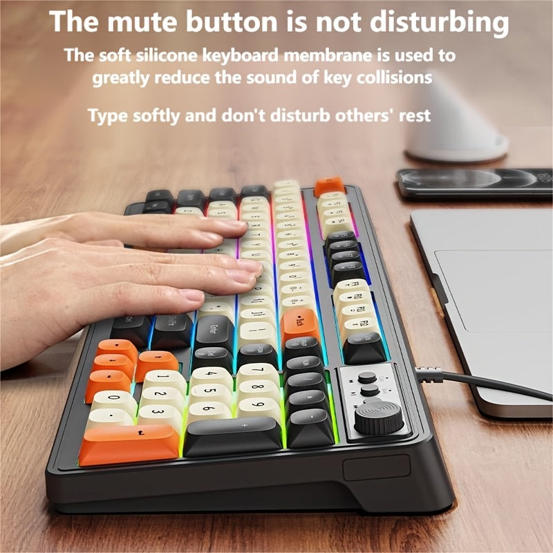 Wired Gaming Keyboard - Rainbow Backlight, Portable Black Keyboard, 98-Key Office Keyboard, Ergonomic Design with Multimedia Knob and Ball-shaped Keys, Suitable for Gamers and Office Use, Compatible with Windows and Laptop Accessories