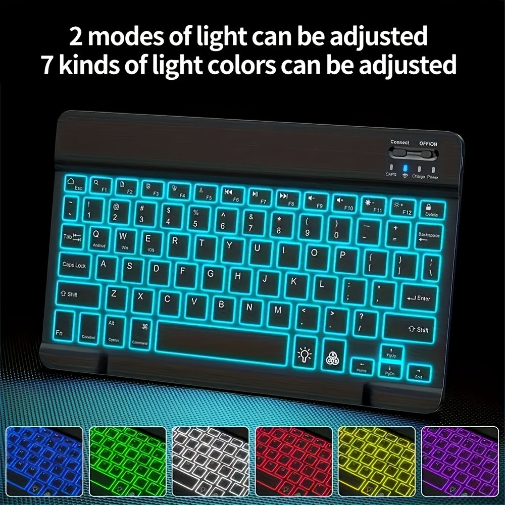 10-Inch Mini Wireless Keyboard with 7-Color Backlight, Ultra-Thin And Rechargeable, Supports Android iOS Windows Systems for Laptop Tablet Phone iPad