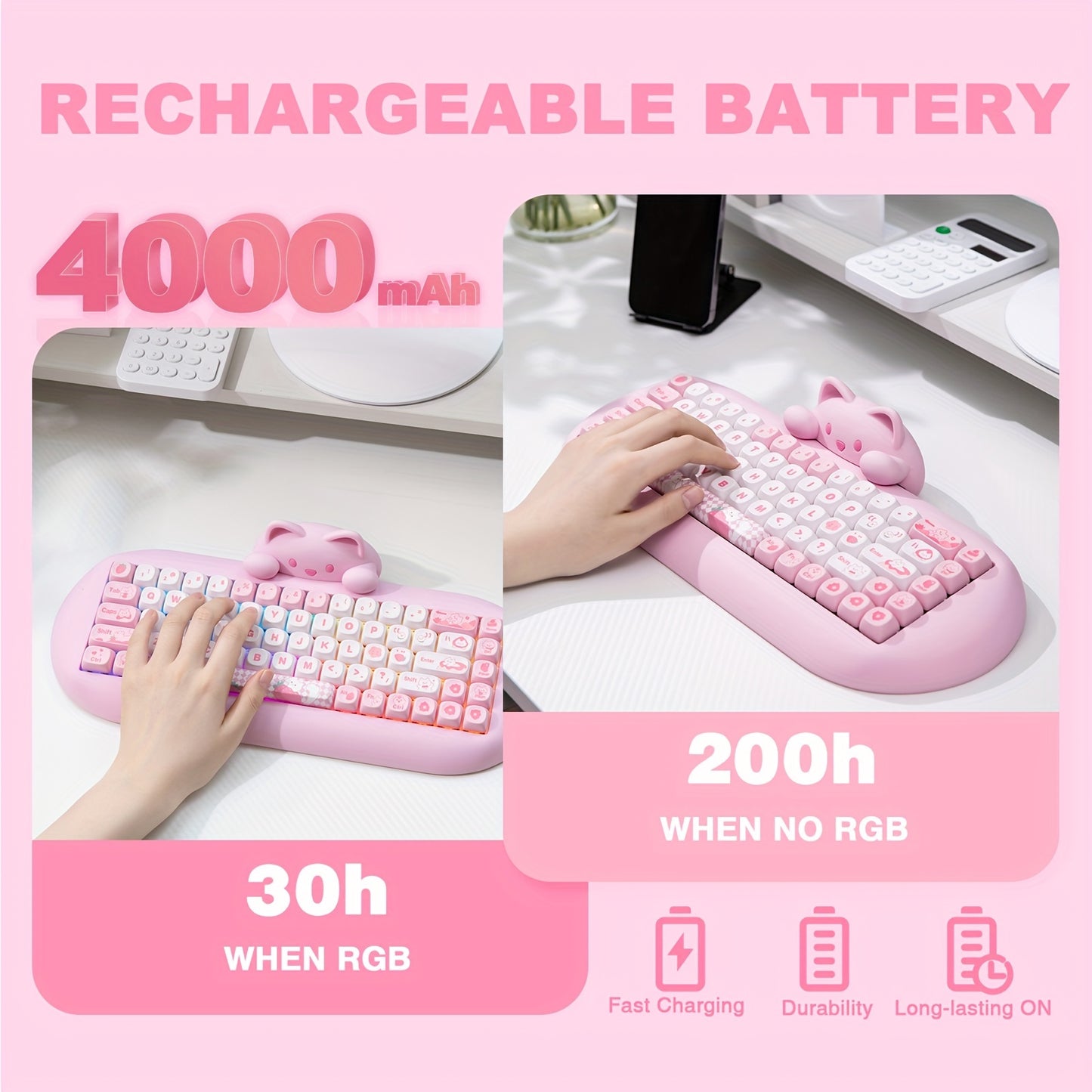 YUNZII C68 65% Wireless Mechanical Keyboard - Cute Cat Design, RGB Backlit