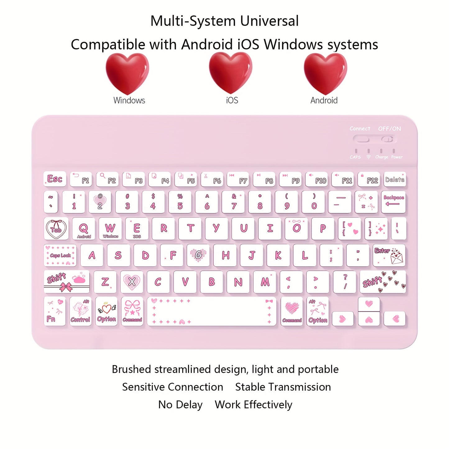 Ultra-Slim Rechargeable Wireless Keyboard with Cute Pastel Pink & Multicolor Cute Anime Design