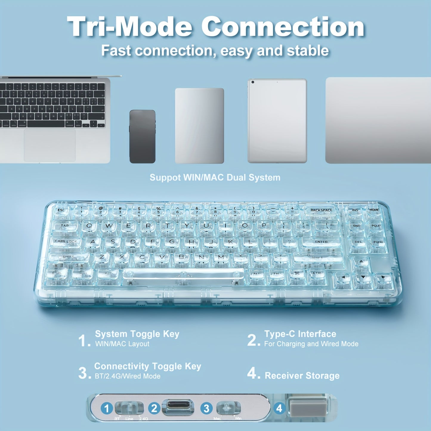 YUNZII X71 Cyan Mechanical Keyboard, 68% Layout 71 Keys, BT5.0\u002F2.4G\u002FUSB-C Wired, Wireless RGB, Ergonomic, Backlit, Hotkeys, Media Keys, Rechargeable Lithium Battery, Type-C Charging, Compatible with Win\u002FMac