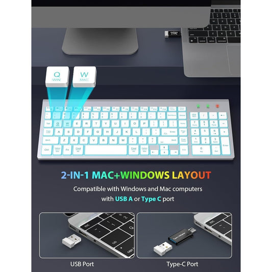 Wireless Backlit Keyboard and RGB Mouse Set – Slim, Quiet, Rechargeable Cordless Combo with Sleep Mode for Mac, Windows, Laptop, and PC (Silver White)