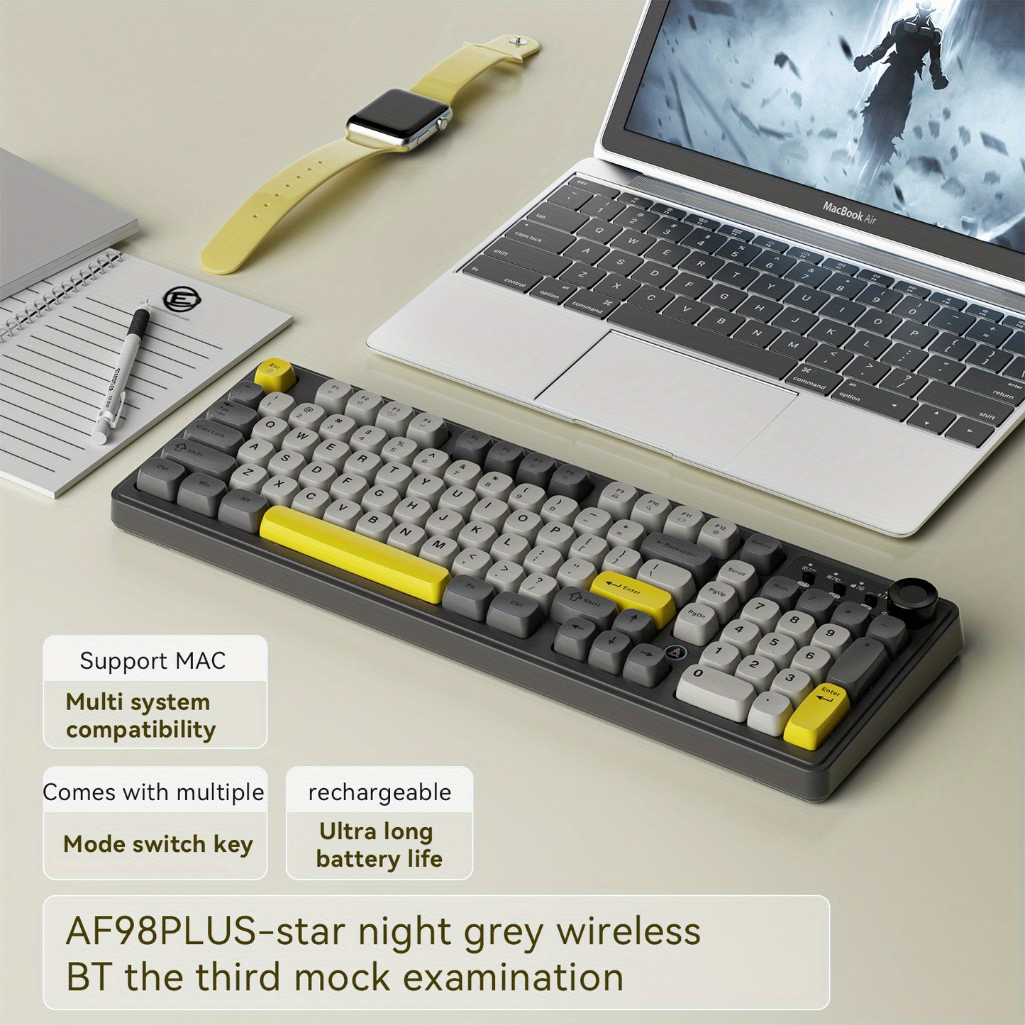 AJAZZ AF98 Wireless Rechargeable Film Keyboard RGB Backlight, Portable Black Office Keyboard - 98 Keys, Supports 2.4G\u002FBT1, with Media Knob, Ball Keycaps, Suitable for Gamers and Office Use, Compatible with Windows\u002FLaptop Gaming Peripherals
