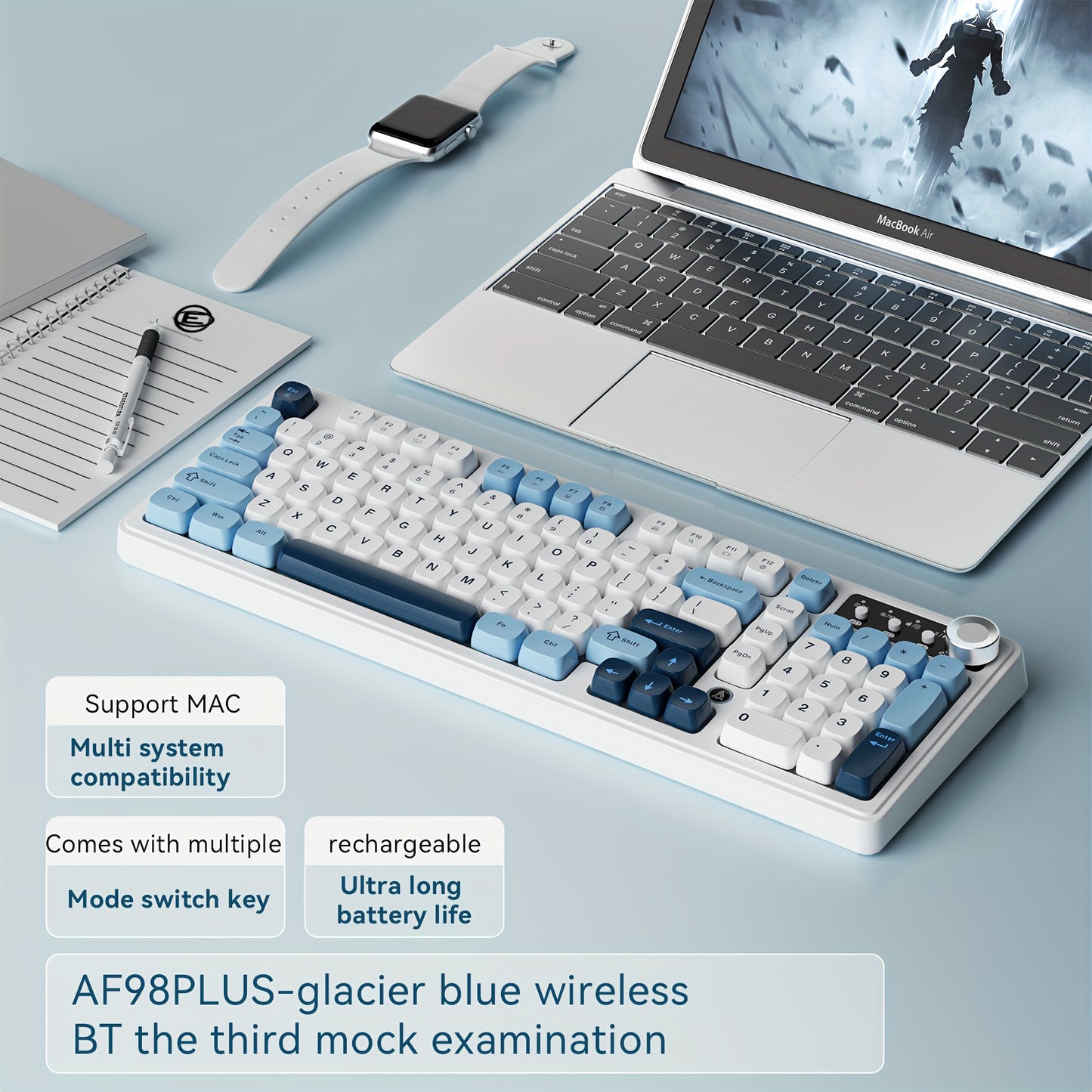 AJAZZ AF98 Wireless Rechargeable Film Keyboard RGB Backlight, Portable Black Office Keyboard - 98 Keys, Supports 2.4G\u002FBT1, with Media Knob, Ball Keycaps, Suitable for Gamers and Office Use, Compatible with Windows\u002FLaptop Gaming Peripherals