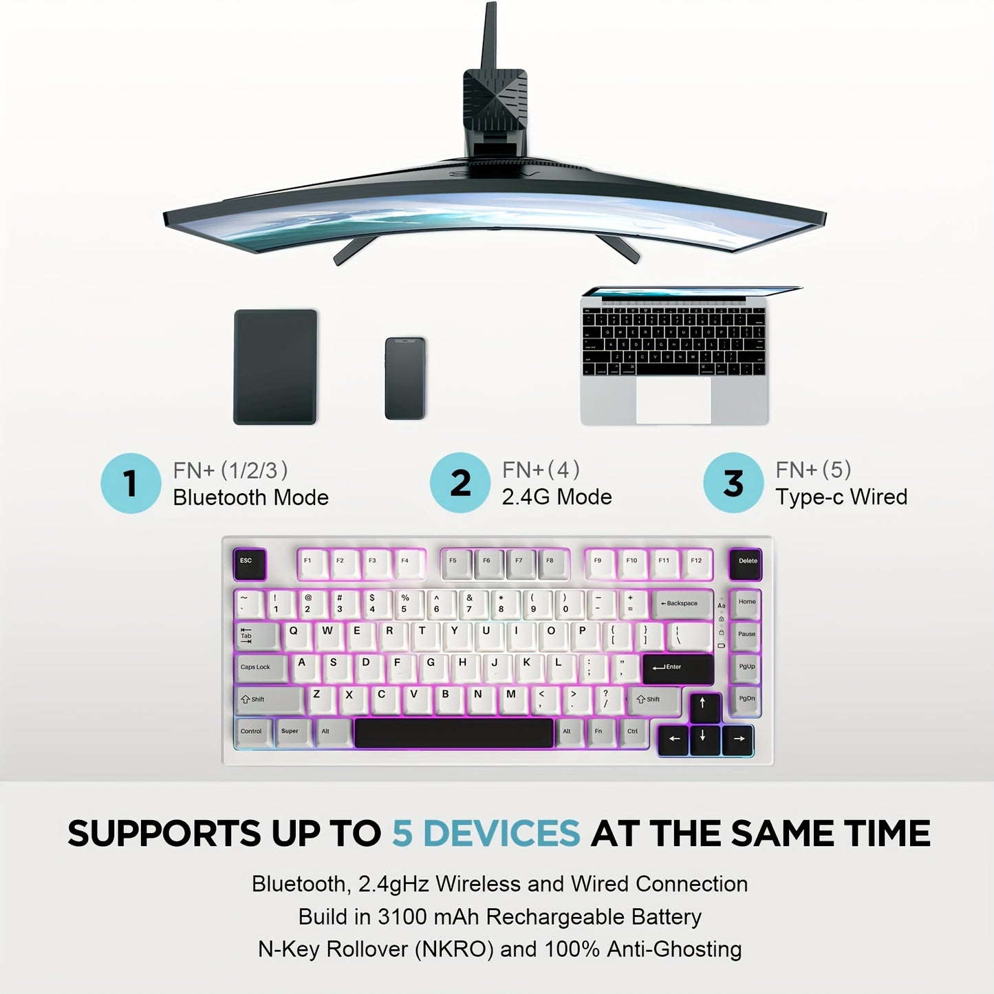 YUNZII YZ75 75% Hot Swappable Wireless Gaming Mechanical Keyboard  RGB Backlights  BT5.0\u002F2.4G\u002FUSB-C  Dye Sub PBT Keycaps  for Linux\u002FWin\u002FMac  Gateron G Pro Yellow, White