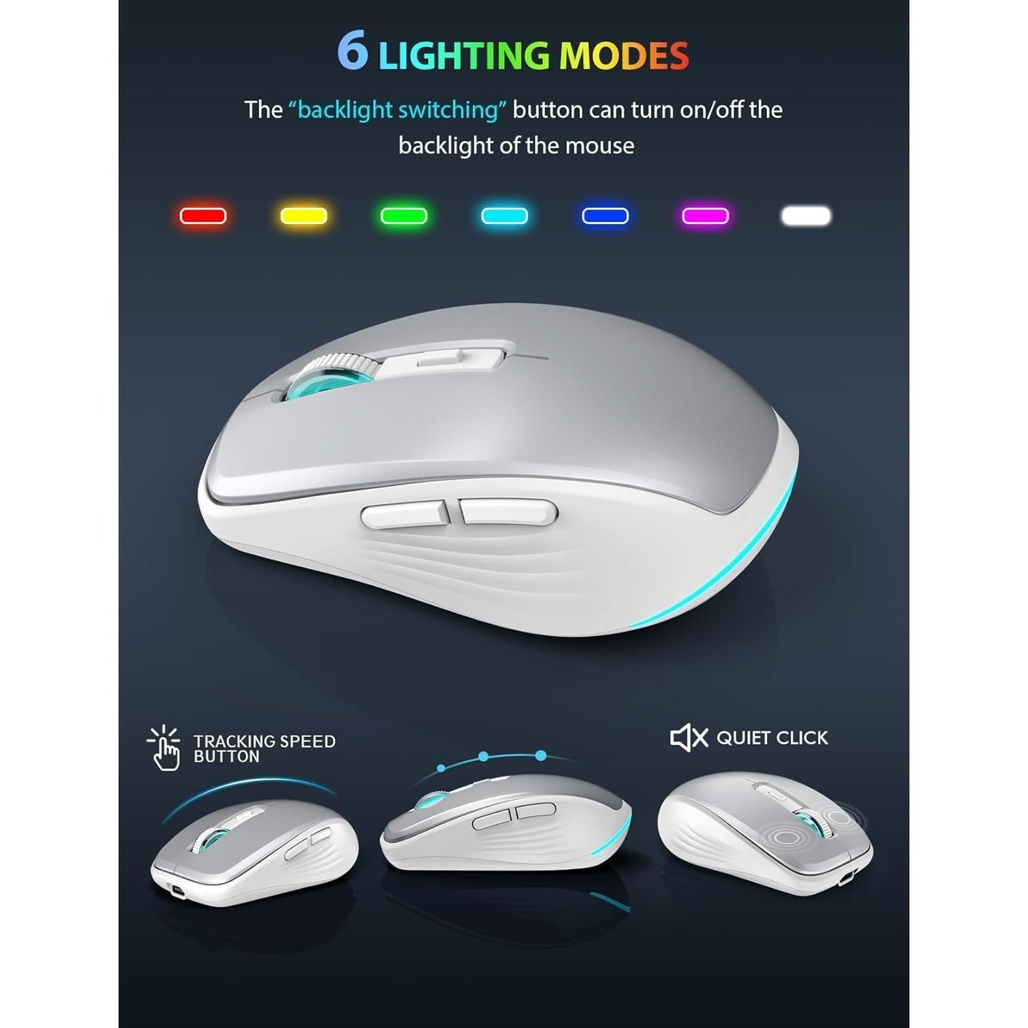 Wireless Backlit Keyboard and RGB Mouse Set – Slim, Quiet, Rechargeable Cordless Combo with Sleep Mode for Mac, Windows, Laptop, and PC (Silver White)