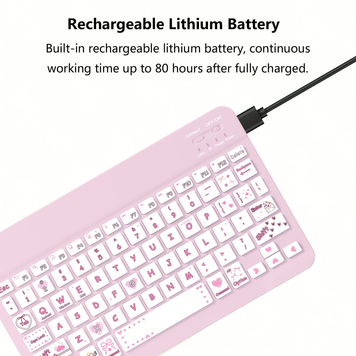 Ultra-Slim Rechargeable Wireless Keyboard with Cute Pastel Pink & Multicolor Cute Anime Design