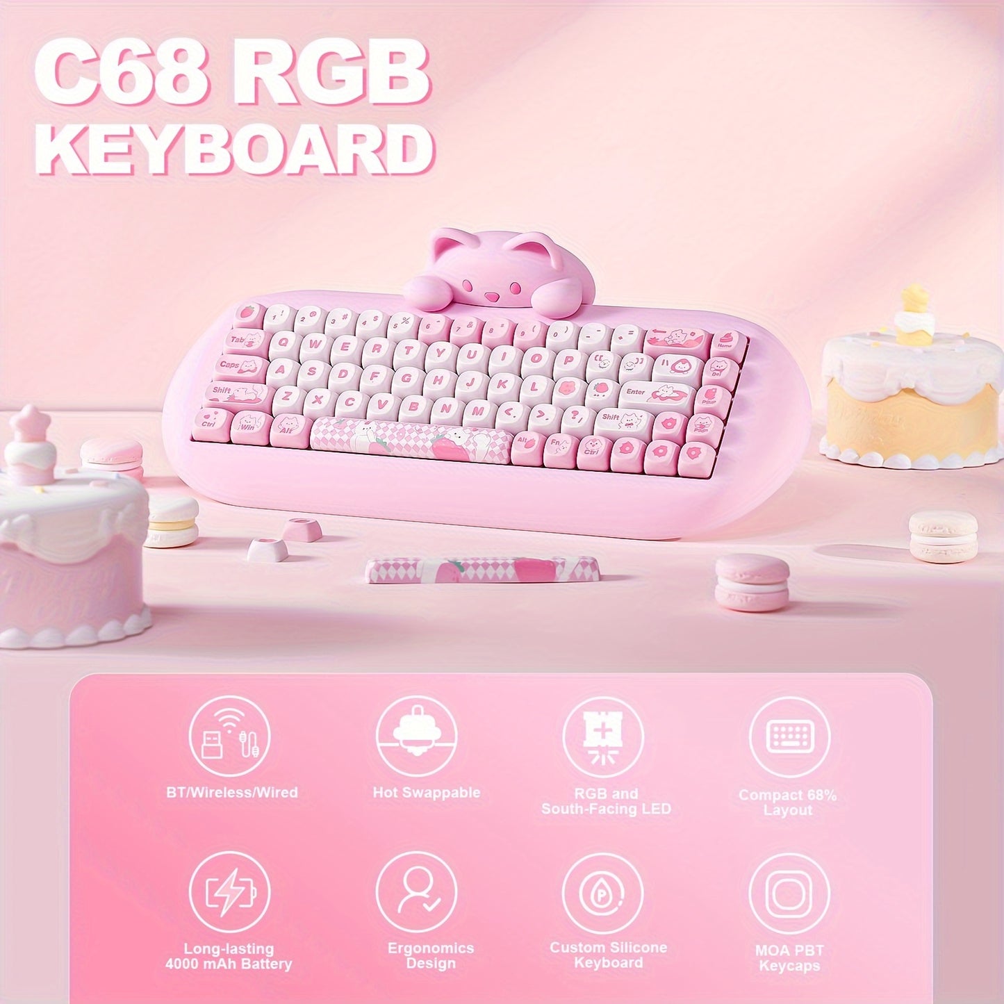 YUNZII C68 65% Wireless Mechanical Keyboard - Cute Cat Design, RGB Backlit