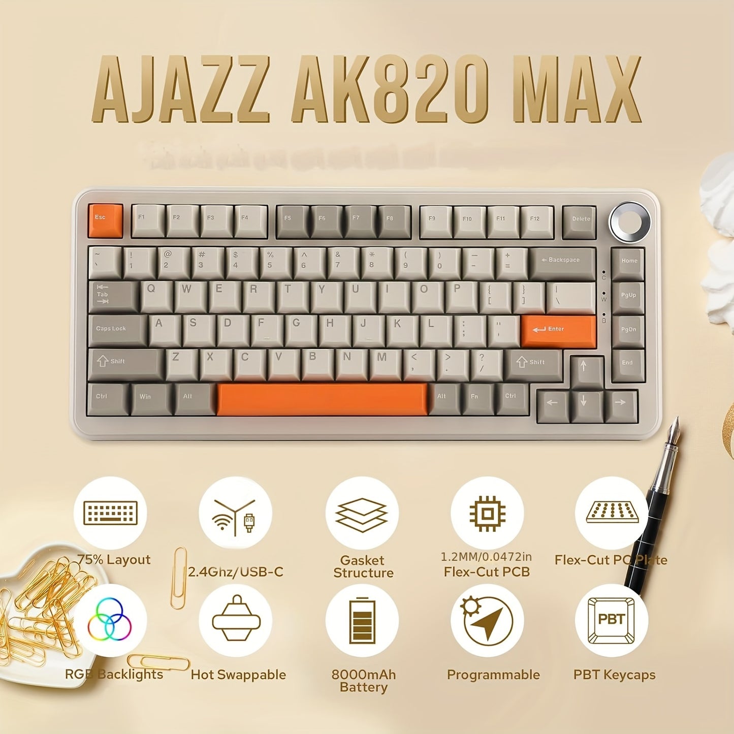AJAZZ AK820MAX Tri-mode Mechanical Keyboard Wireless Gaming GASKET Structure 8000mAh Large Capacity