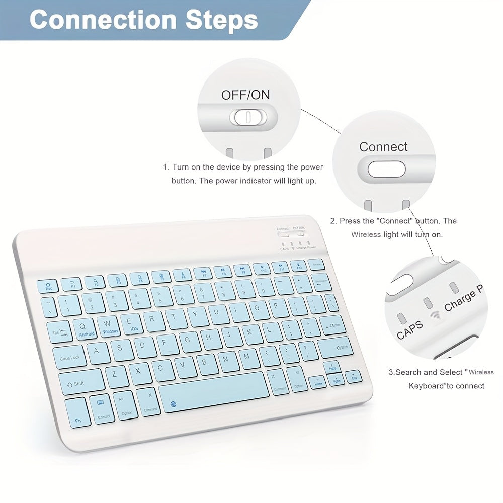Wireless Keyboard, Ultra-Thin Wireless Keyboard, Suitable for Tablets, Laptops, Phones, 10-inch Rechargeable Wireless Keyboard, Suitable for Android, Windows, Blue