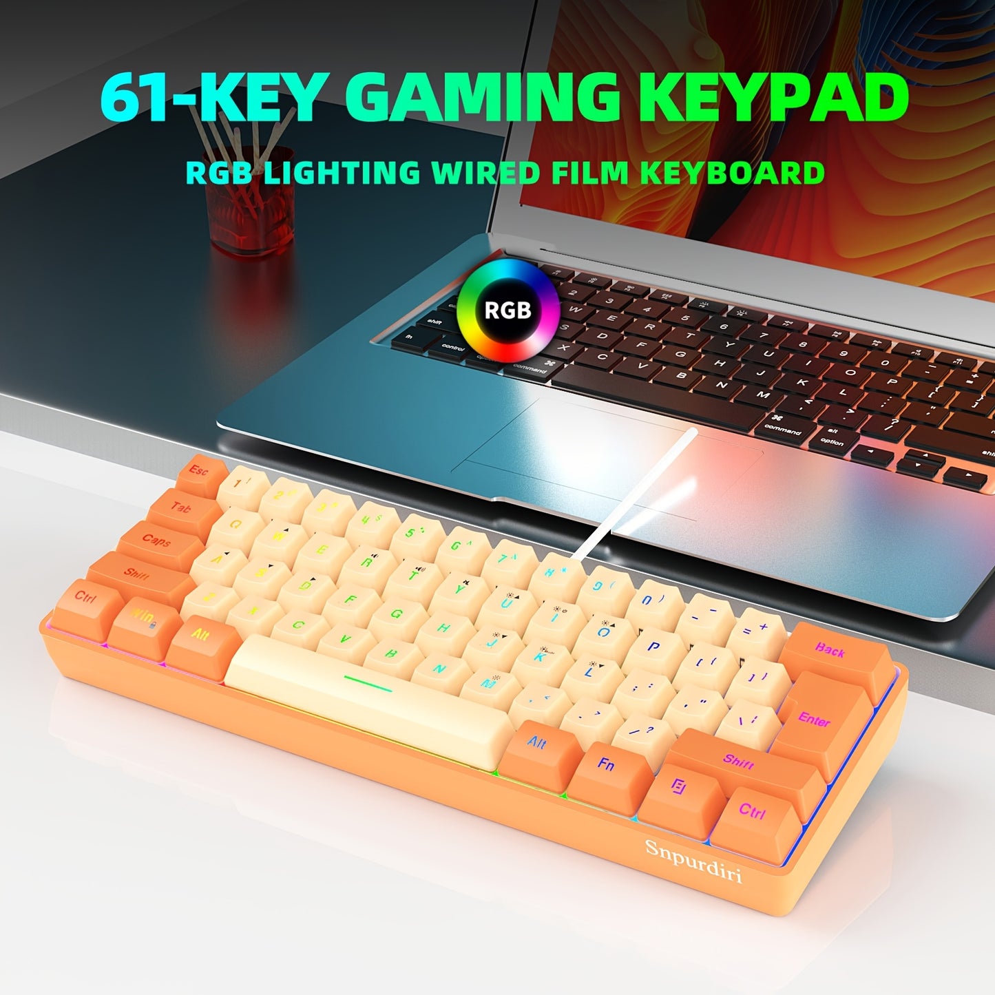 Snpurdiri 60% Wired Gaming Keyboard, RGB Backlit Ultra-Compact Mini Keyboard, Small Compact 61-Key Keyboard For PC\u002FMac Gamers, Typists, Travel For Wired Use Only (Orange And Cream)